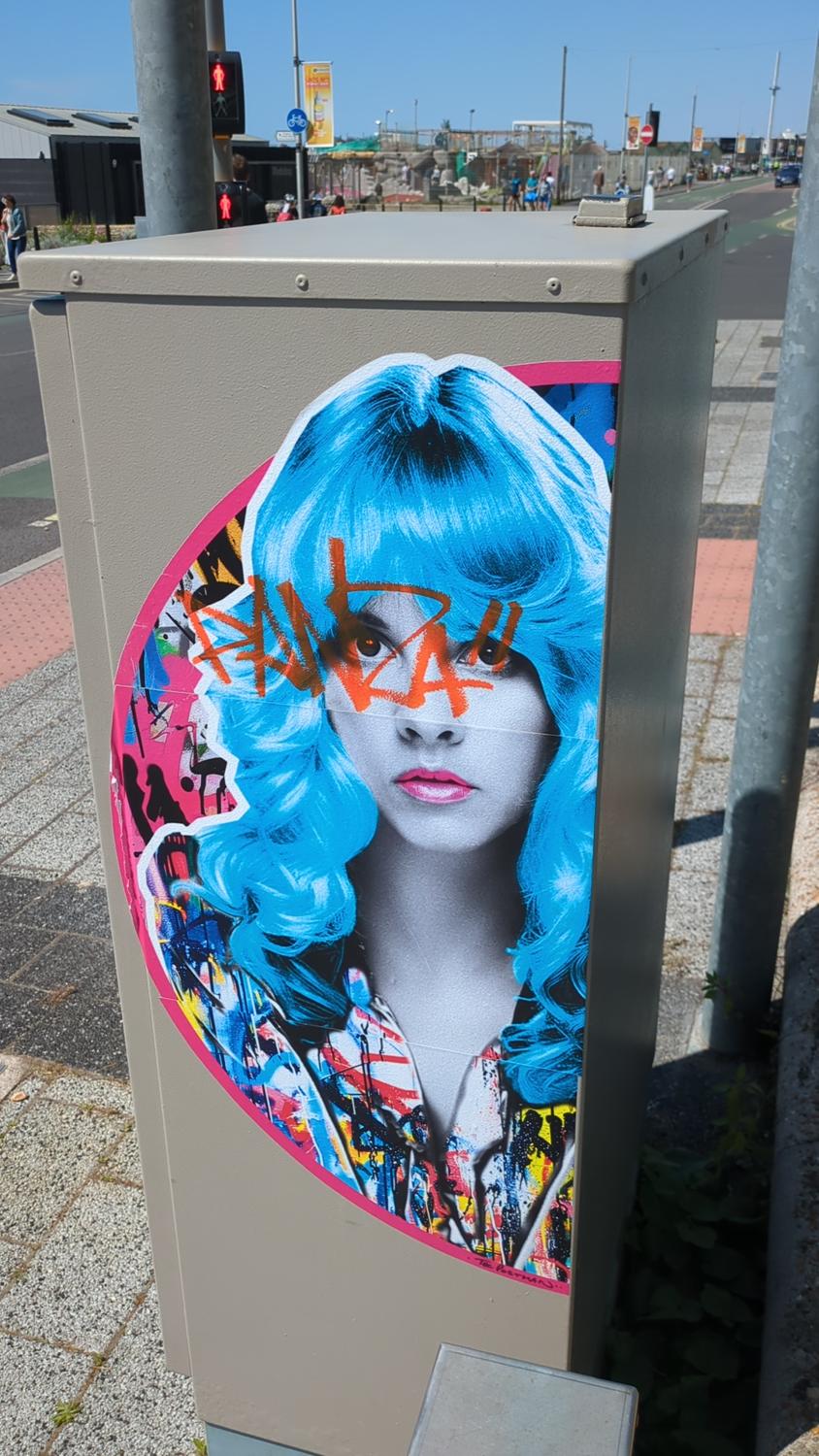 The image shows a close-up of a street art sticker on a grey metal box. The sticker features a woman with bright blue hair and orange graffiti across her eyes, set against a vibrant and colorful background. The sticker is affixed to a metal box, and the surrounding environment appears to be a street scene.